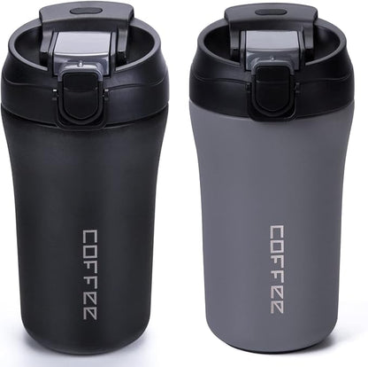 14 oz Travel Coffee Mug, 2 Pack Vacuum Insulated Stainless Steel Tumbler | Spill proof coffee travel mug with lid & straw for hot & cold drinks. Great gift for men & women (Black Grey)