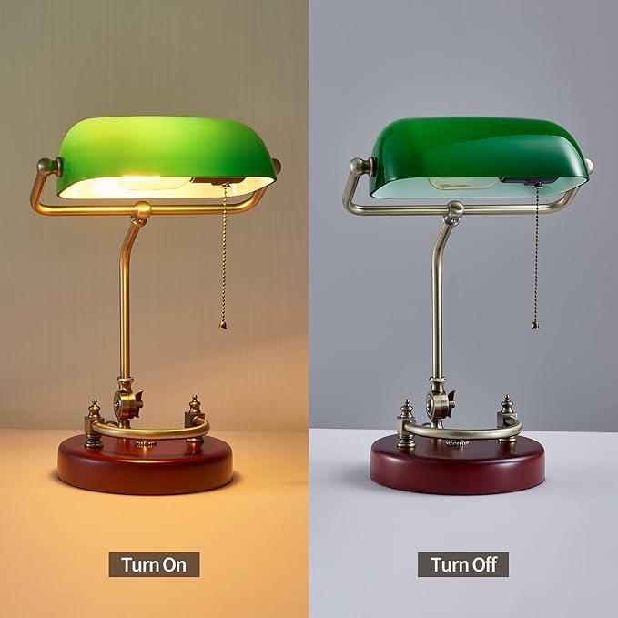 Green Bankers Desk lamp for Home Office Vintage Desk Retro lamp Workplace Lighting Piano Light Bedside lamp Pull Rope Switch，Glass lampshade，UL Certified lamp Holder, Wire