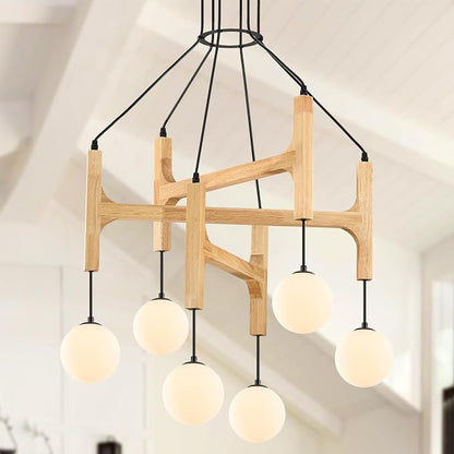 Wooden Chandeliers L28 '' Natural Farmhouse 6-Light Milk Glass Pendant Light Rustic Mid Century Long Hanging Lighting for Living Dining Room Entryway Foyer Bedroom Kitchen,G9
