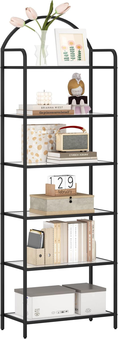 Bookcase Bookshelf, Tempered Glass Bookshelves, Slim Shelving Unit for Bedroom, Bathroom, Home Office, Steel Frame, 6 Tier Black BC21699B