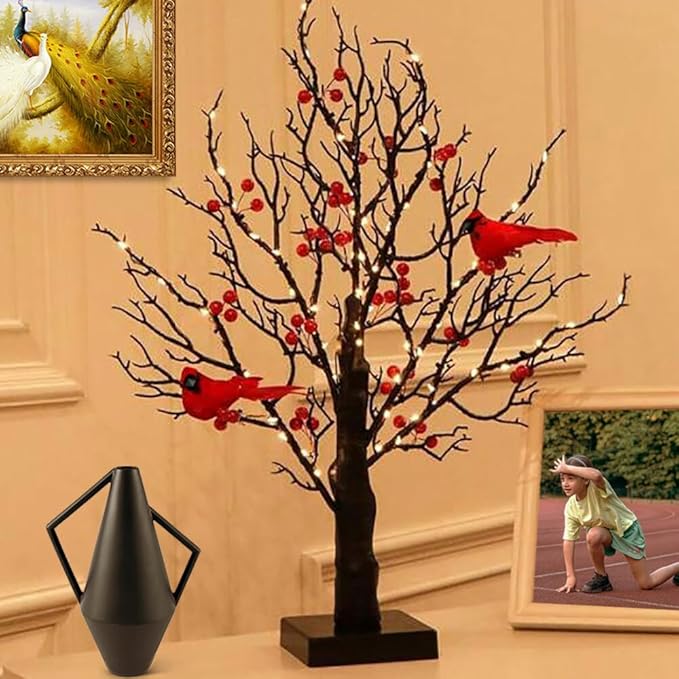 21in Black Birch Tree with 60 Led Lights, Twinkle Tree Lamp with Lighted Branches, Fairy Light Spirit Tree with 2 Red Birds for Room Decor, Easter, Halloween, Thanksgiving, Christmas, New Year, etc.