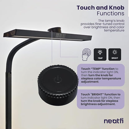 Neatfi LED Desk Lamp with 6-Level Brightness, Adjustable 2700~6500K Color Temperature, 14” Wide, Timer & Charging Port - Touch & Knob Control, 800 Lumens, Dimmable LED Table Light, 24W, CRI 85 (Black)