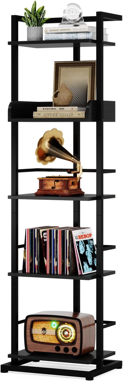 Bookshelf 5-Tier Bookshelf: Tall Corner Bookcase Industrial Narrow Book Shelves Vintage Wood Bookshelf Storage Organizer Display Book Rack for Living Room Bedroom Office Home (Black)