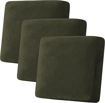 H.VERSAILTEX Velvet Stretch Couch Cushion Cover Plush Cushion Slipcover for Chair Loveseat Sofa Cushion Furniture Protector Seat Cushion Sofa Cover (3 Piece XL Sofa Cushion Covers, Olive)