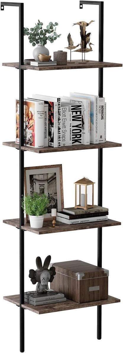 Ladder Shelf 4 Tiers Metal Industrial Bookshelf,Brown Wood Tall Open Storage Rack and Display Shelves,Wall Mount Wide Book Case for Home Office Bedroom,Small