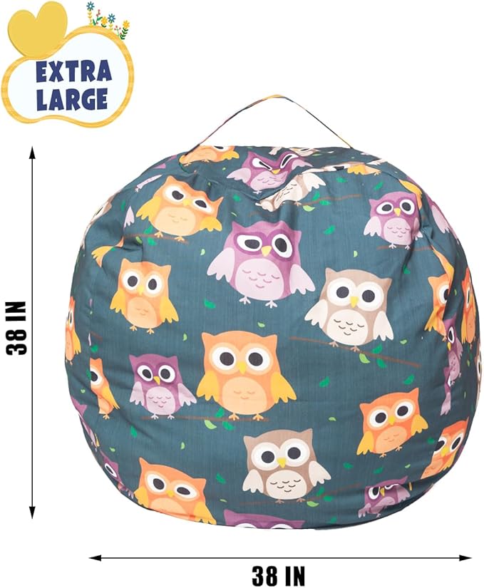 Stuffed Animal Storage Bean Bag Chair Cover, Hold Kids Plush Toys Blankets Towels Beanbag (Cover Only), Canvas Floor Circle Stuff Sit Seat Sofa with YKK Zipper, Extra Large 38", Owl
