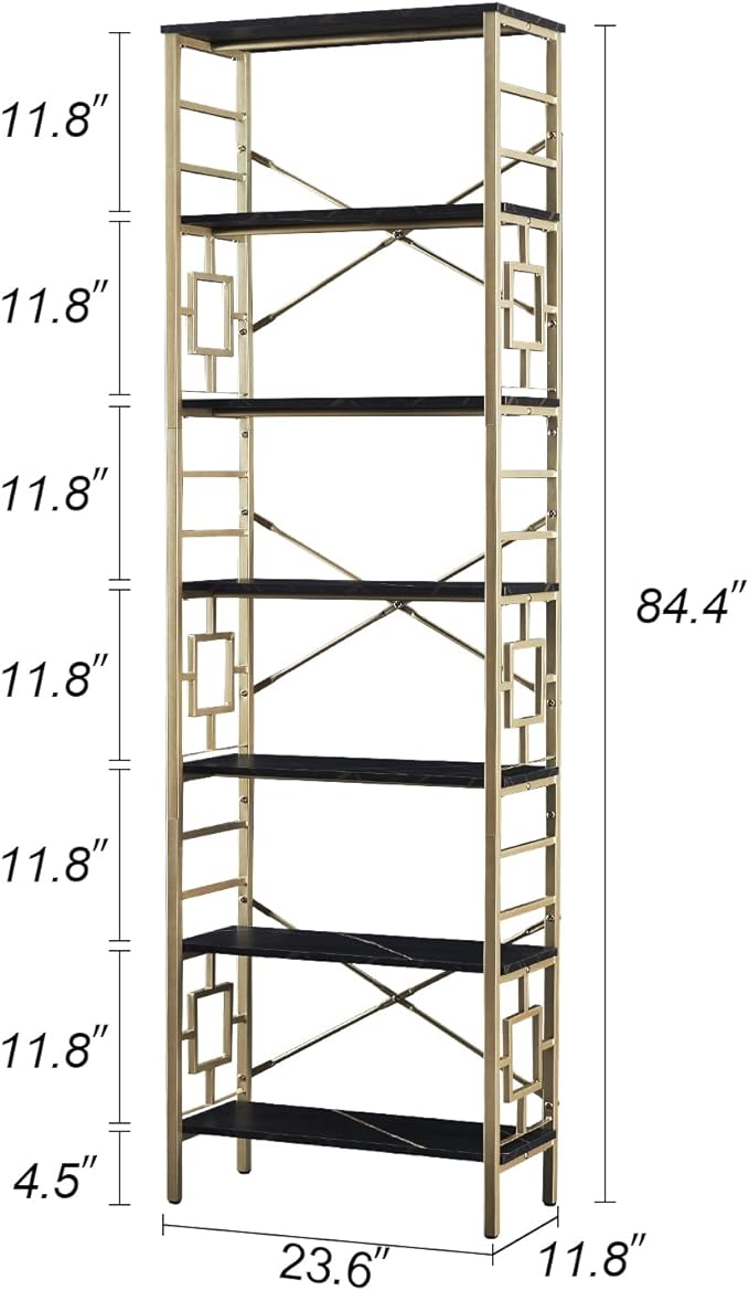 HOMISSUE Bookcase,7-Tier Tall Bookshelf Metal Bookcase and Bookshelves, Free Standing Storage Modern Bookshelf for Home Office Living Room and Bedroom, Black & Gold