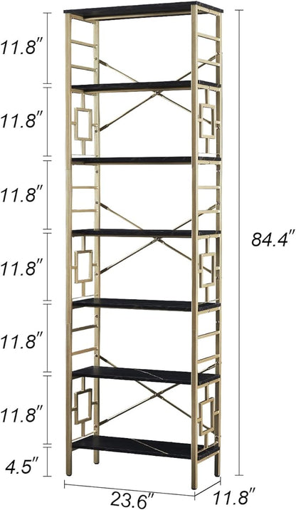 HOMISSUE Bookcase,7-Tier Tall Bookshelf Metal Bookcase and Bookshelves, Free Standing Storage Modern Bookshelf for Home Office Living Room and Bedroom, Black & Gold