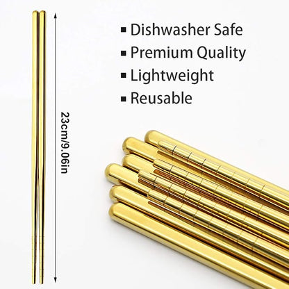 Stainless Steel Chopsticks Reusable Multicolor Lightweight 304 Metal Chopsticks Dishwasher Safe - 5 Pairs (Gold)