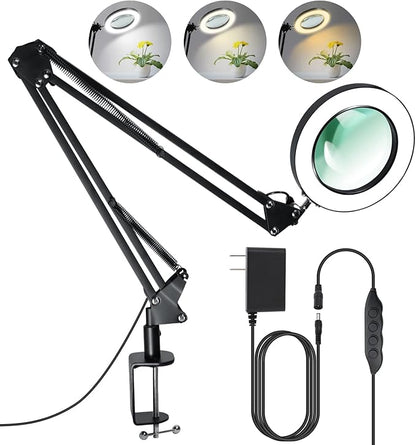 Magnifying Glass with Light and Stand 12V/1A Adapter 5X LED Magnifying Lamp 3 Color Modes Stepless Dimmable 2-in-1 Desk Magnifier with Light, for Hobby Reading Crafts Repair Reading Close Work