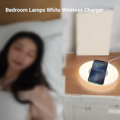 Table Lamp with Wireless Charger, Table Lamp with USB Port 2, Nightstand Lamp with Charging Station, Desk Night Light with Wireless Charger, Three-Port Plug (Table Lamp 4000K)