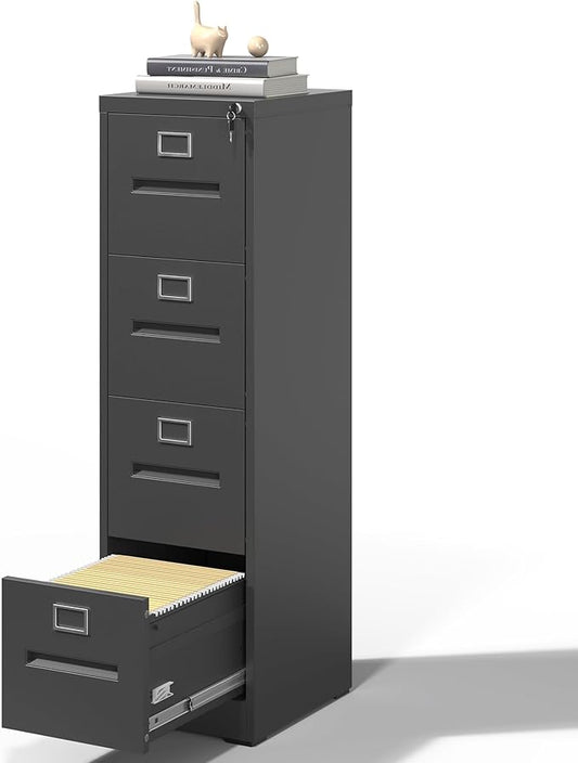 4 Drawer File Cabinet,Metal Filing Cabinets with Lock,Black Vertical File Cabinet for Home Office,Heavy Duty Metal Storage Cabinet for A4/Letter/Legal Size File,Assembly Required