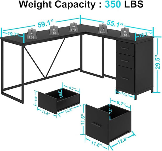 HSH Large Black L Shaped Desk, Corner Wood Computer Desk with Drawer, Modern Work Home Office Desk with Storage Cabinet, Industrial Executive PC Study Writing Desk for Living Bedroom, Black, 59 Inch