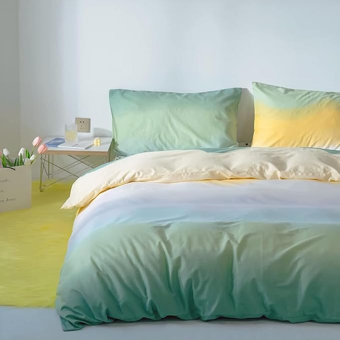 Green Gradient Comforter Set Twin Sage Green and Yellow Rainbow Bedding Comforter Set Multicolor Yellow Light Green Bedding Set Cotton Blanket Quilts Rainbow Color Comforter Set for Twin Bed