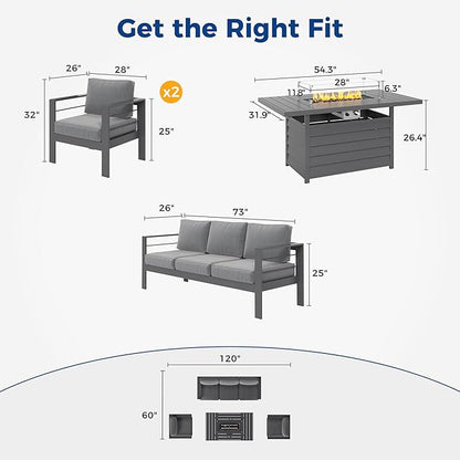 Wisteria Lane Aluminum Patio Furniture Set, 4 Pcs Metal Outdoor Furniture Set with CSA Certified 54in Propane Gas Fire Pit Table, Patio Conversation Set with 5in Olefin Cover Cushions, Dark Grey