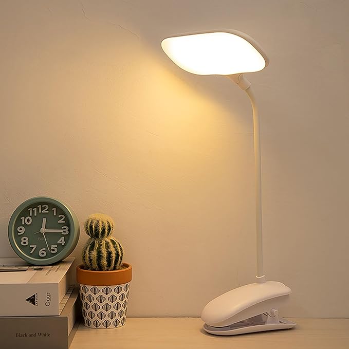 LED Desk Lamp with Clamp, Eye-Caring Clip on Lights for Home Office, 3000mAh Rechargeable Battery Operated Table Lamps,3 Lighting Modes & Brightness Dimmer Light for Kids Students