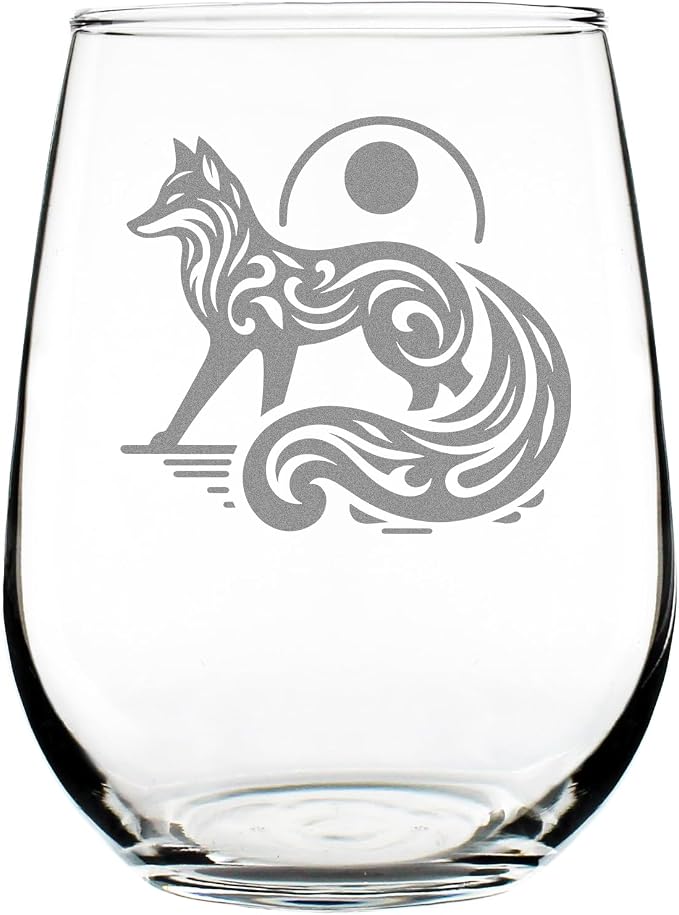 Engraved Fox Stemless Wine Glass 17oz, Etched Design, Animal Lover, Boho Woodland Creature Glassware