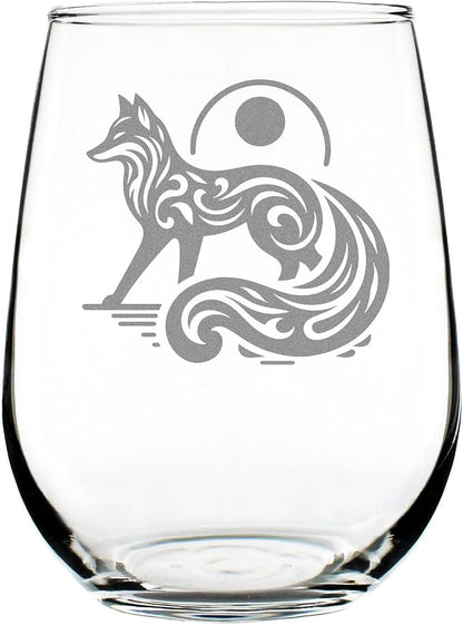 Engraved Fox Stemless Wine Glass 17oz, Etched Design, Animal Lover, Boho Woodland Creature Glassware