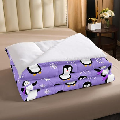 Penguin Comforter Set King Size Kawaii Penguin Down Comforter Antarctic Animal Bedding Set for Kids Boys Girls Teens Cartoon Cute Winter Quilt Set Snowflake Pattern Duvet Set Room Decor, Purple