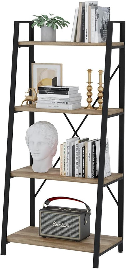 BON AUGURE Farmhouse Ladder Shelf Bookcase, 4 Tier Rustic Ladder Bookshelf, Standing Leaning Book Shelves for Living Room (Vintage Oak)