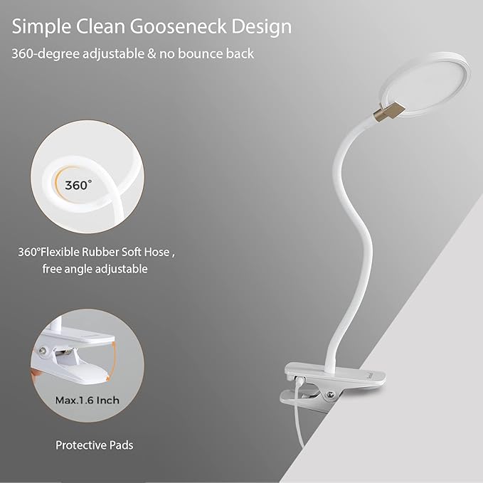 7W Flexible Gooseneck LED Desk lamp Touch 3 Steps Dimmable LED Clip on Light Reading lamp Warm White 3000K 3 Brightness Book Lights Eye Caring Clamp lamp