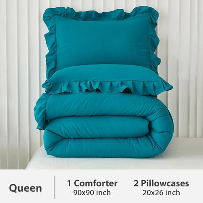 Andency Turquoise Queen Comforter Set(90x90Inch), 3 Pieces(1 Ruffle Comforter and 2 Pillowcases) Solid All Season Comforter Sets for Queen Bed, Lightweight and Fluffy Soft Microfiber Bedding Set