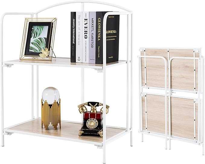 No Assembly Folding Bookshelf for Living Room, 2 Tier White Collapsible Book Shelf for Home Office, Portable Bookcase Storage Organizer