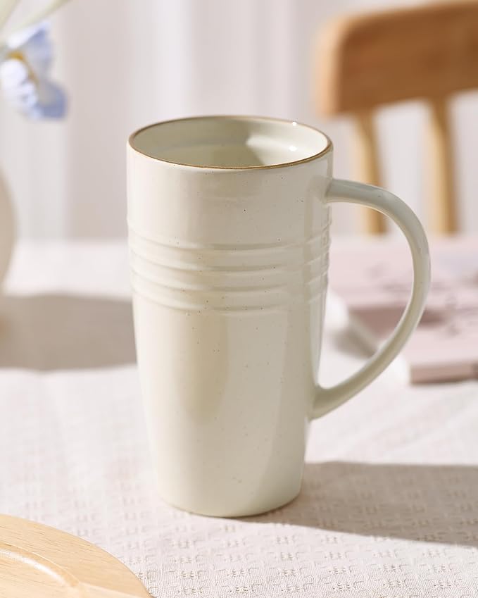 famiware Jupiter Large Coffee Mug, 20oz Coffee Mug with Lid, Ceramic Mugs Set of 4, Cup Set with Handle for Latte, Tea, Cocoa, Milk, Home & Office, Microwave and Dishwasher Safe, Vanilla White