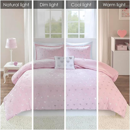 Mi Zone Rosalie Comforter Set for Girls, Ultra-Soft Microlight Plush Metallic Printed Hearts Brushed Reverse Overfilled Down Alternative Hypoallergenic All Season, , Full/Queen, Pink/Silver, 4 Piece