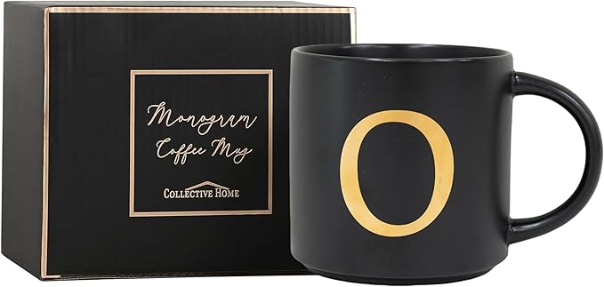 COLLECTIVE HOME - Monogram Ceramic Mugs, 15 oz Golden Initial Black Coffee Cups, Elegant Alphabet Tea Mugs, Elegant Personalized Mug with Gift Box, Unique Mug with Double Side Capital Lette (O)