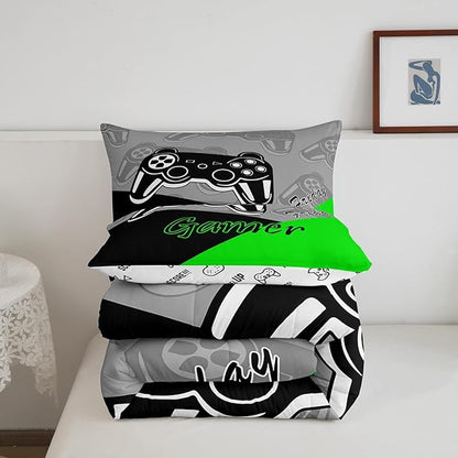 Feelyou Gamer Comforter Set Gaming Bedding Set for Teens Boys Video Game Decor Comforter Game Controller Quilted Duvet Set 1 Comforter with 2 Pillowcases Queen Green