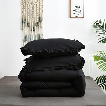 Black Ruffled Comforter Set Full Size Bedding Set Women Black Ruffles Blanket Men Black Ruffled Comforter Farmhouse Ruffle Fringe Design Girls 3 PCs Solid Black Ruffled Bedding Set