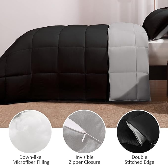 Basic Beyond Twin Comforter Set for Girls and Boys - Fluffy Twin Bed Comforter Set for All Seasons - Reversible Black and Grey Twin Comforter Set - 2 Pieces (1 Comforter + 1 Pillow Sham)