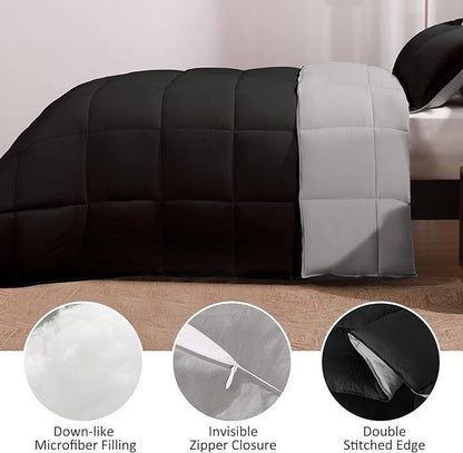 Basic Beyond Queen Comforter Set - Fluffy Comforter Queen Set for All Seasons - Reversible Black and Grey Queen Comforter Set for Mens - 3 Pieces (1 Comforter + 2 Pillow Shams)