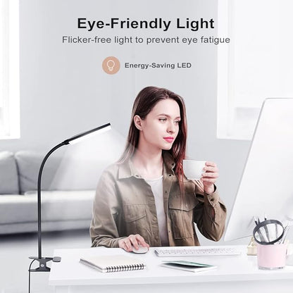 LED Desk Lamp with Clamp for Home Office, Dimmable Clip on Desk Light with USB Port, 3 Color Modes 11 Brightness Flexible Gooseneck Reading Lamp for Studying Working, Black