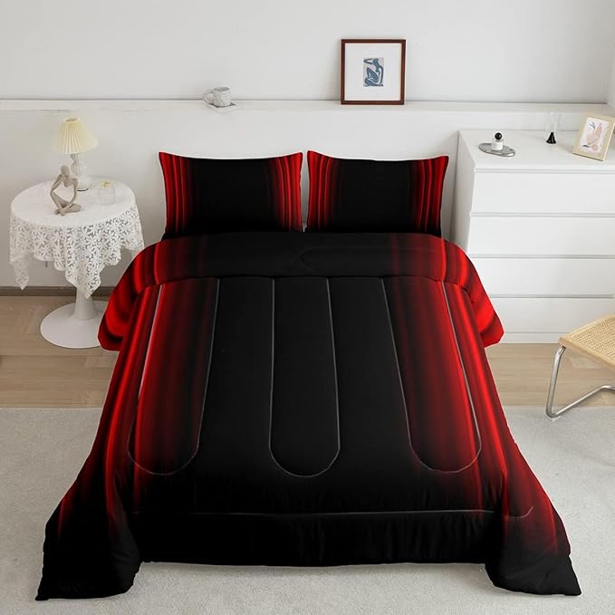 Abstract Ombre Comforter Set Kids Teens Red and Black Bedding Set Room Decor 3Pcs Full Size
