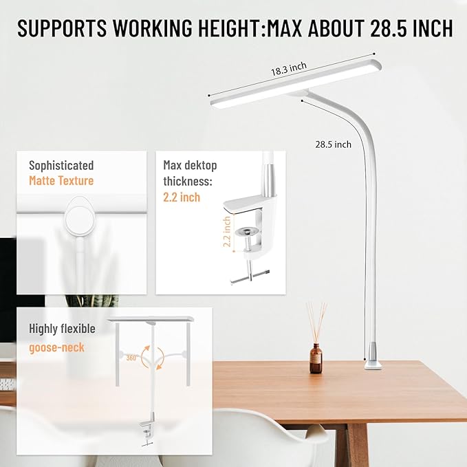 LED Desk Lamp with Clamp, Eye-Caring Architect Desk Lamps for Home Office, 24W Ultra Bright LED 30 Lighting Modes Adjustable, Studio Work Lamp for Task, with Remote Control Table Light