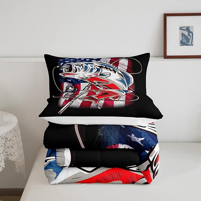 American Flag Comforter Set Farmhouse Fishing Bedding Set for Kids Boys Girls Teens Room Wild Fish Decor Comforter Red Blue Stripe Quilted Set 3Pcs Full Size