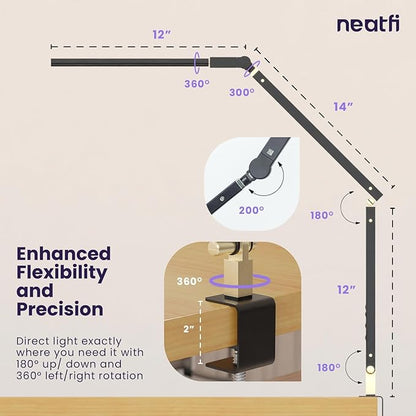 Neatfi LED Desk Lamp with Clamp, Touch & Remote Controlled, Stepless Dimming, 3 Color Modes, 3000-6000K, Detachable Shade, Flicker-Free, 360° Rotation, Wide Angle Lighting (Modern, Black)