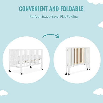 Quinn Full-Size Folding Crib In White, Removeable Wheels, Modern Nursey, Adjustable Mattress Support, Portable Crib, Patented Folding System