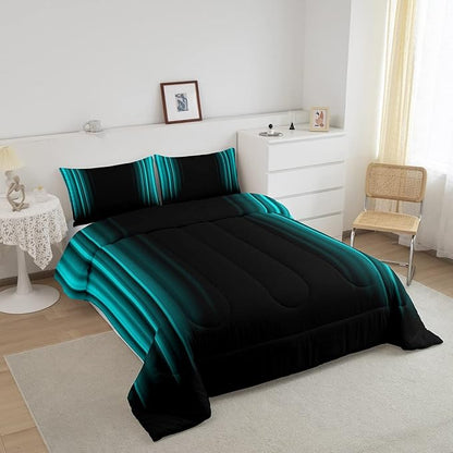 Geometric Abstract Ombre Comforter Set Kids Teens Teal and Black Striped Bedding Bed Set Decor Modern Fashion Comforter Inner Fill Bedroom Collection 3Pcs Full Size