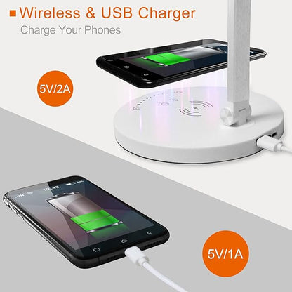 LED Desk Lamp Wireless Charger, Aluminum Dimmable Eye-Caring Table Lamp with 5 Lighting Models with 5 Brightness Levels, Touch Control and Memory Function, USB Charging Port, 8W, White……