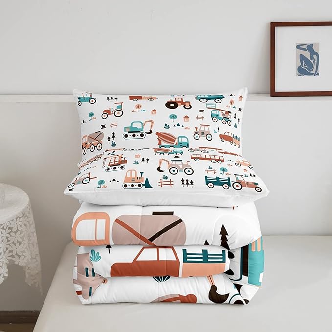 Feelyou Boys Cartoon Car Comforter Set, Kids Construction Cars Trucks Comforter for Children Cartoon Botanical Truck Bedding Set Cute Cars Quilt Set with 1 Pillowcase 2Pcs Bedding Twin