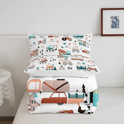 Boys Cartoon Car Comforter Set, Kids Construction Cars Trucks Comforter for Cartoon Botanical Truck Bedding Set Cute Cars Quilt with 2 Pillowcases 3Pcs Bedding Full Boys