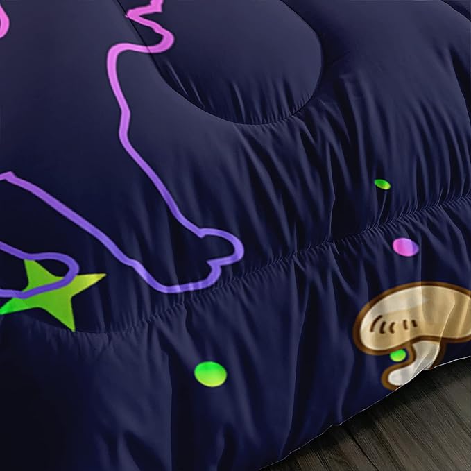 Mushroom Kawaii Cat Comforter Set Full Size Kids Mushroom Bedding Set Star Theme Quilt Bed Set for Boys Girls Adults with 1 Comforter and 2 Pillowcases