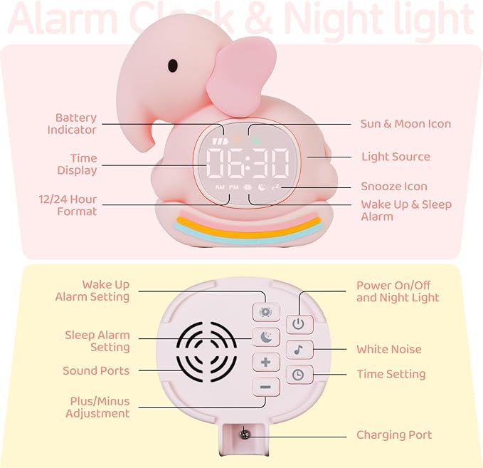 Alarm Clock for Kids with Night Light, Sleep Training Clock Time to Wake Clock, Rechargeable Silicone Light for Bedroom, Perfect Sleep Companion for Boys Girls, Pink Elephant