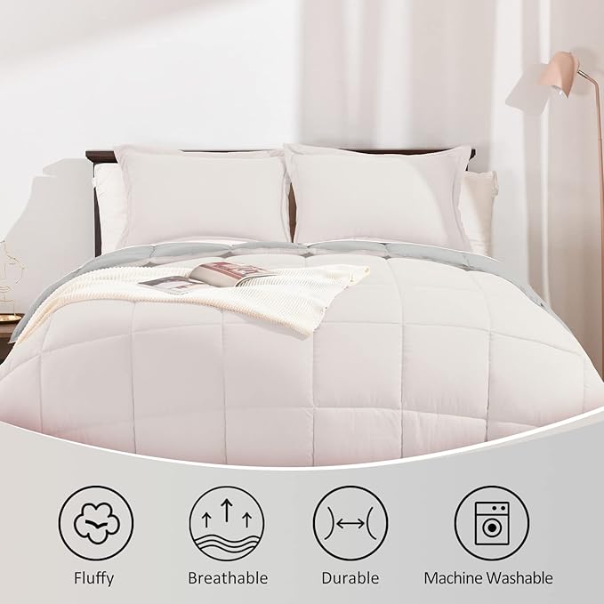Basic Beyond King Size Comforter Set - Fluffy King Bed Comforter Set for All Seasons - Reversible White King Comforter Set - 3 Pieces (1 Comforter + 2 Pillow Shams) - White/Grey