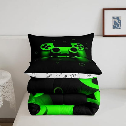 Gamer Comforter Set For Boys Queen,Gaming Bedding Comforters For Kids Teens Men Game Room Decor,Video Game Down Comforter Reversible Retro Green Gamepad Controller Quilt Duvet Sets Home Decor 3 Pcs