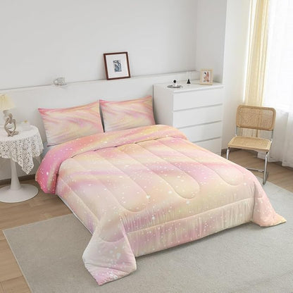 Pastel Girls Twin Bedding, Galaxy Glitter Comforter Set Twin Size for Kids Girls Children Women, Pink Yellow Ombre Bedding Comforter Sets Star Sky Rainbow Sparkle Quilt Tie Dye Bedroom Decor, 2 Pcs