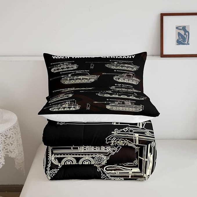 Tank Comforter Set Queen, War Theme Bedding Set, Soldier Dirt Bike Camouflage Army Acting Down Comforter For Kid Boy Teen Men,Camo Vintage Style Quilt Set, Military Vehicle Duvet Set Room Decor